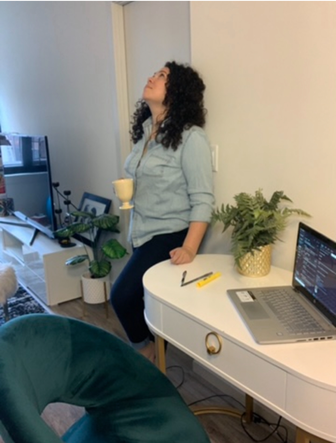 Dina Scippa working at a desk with a laptop and plants nearby