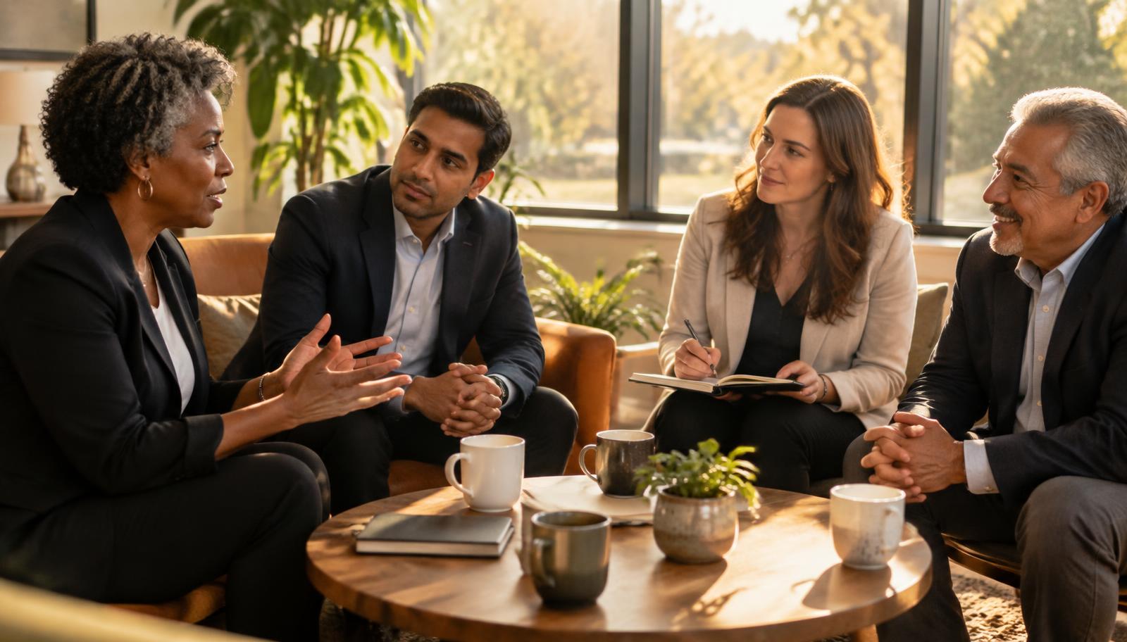 Two executives in a quiet private briefing across a small table