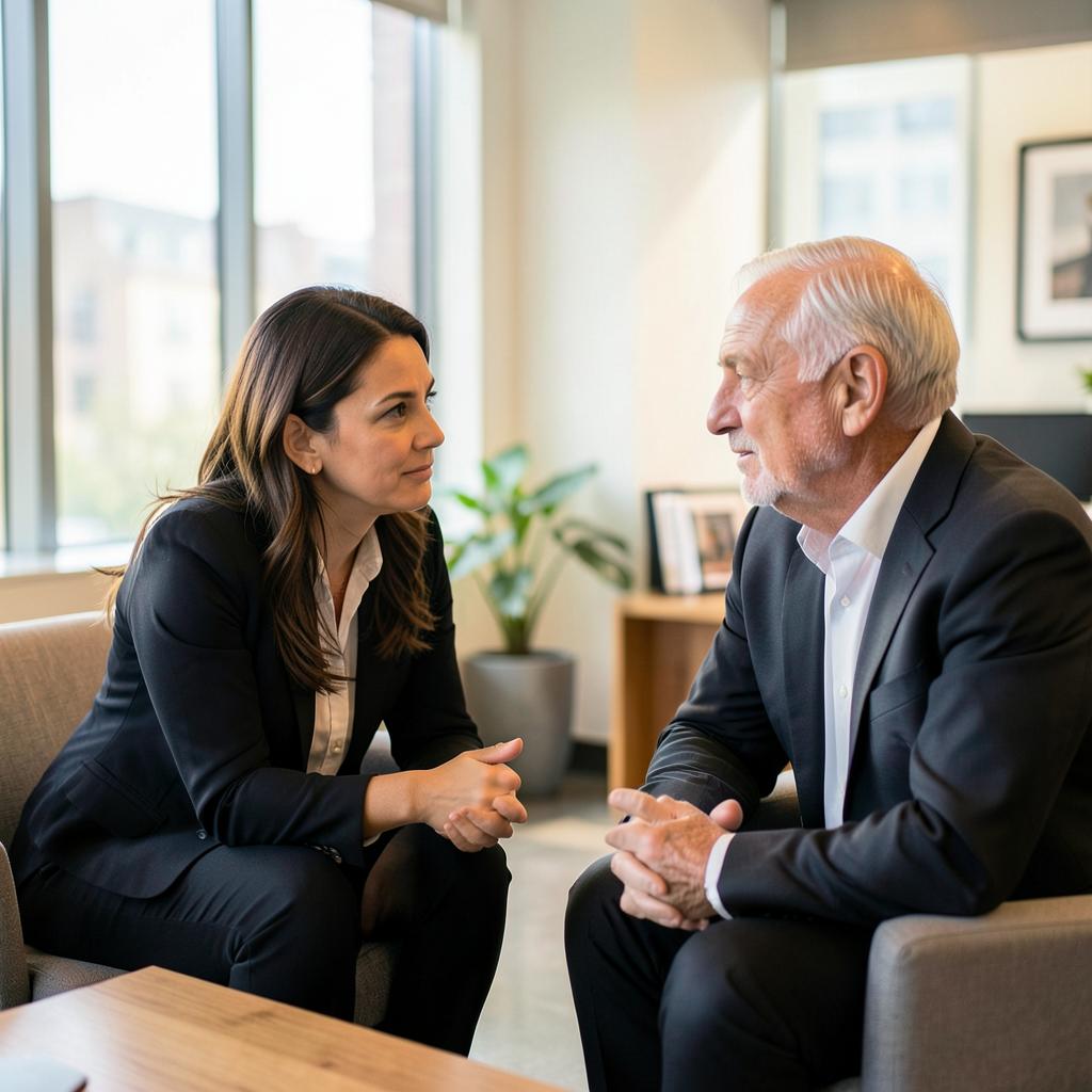 A coach and a senior leader in a candid one-on-one debrief conversation