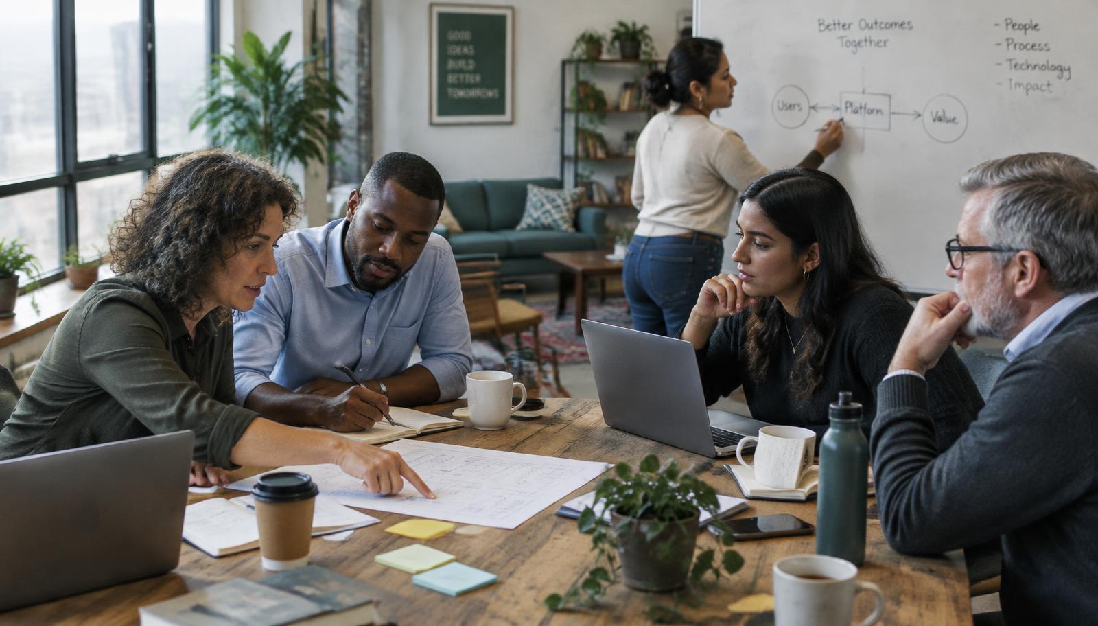 A diverse team working together around a table in a bright office, reviewing documents and a whiteboard