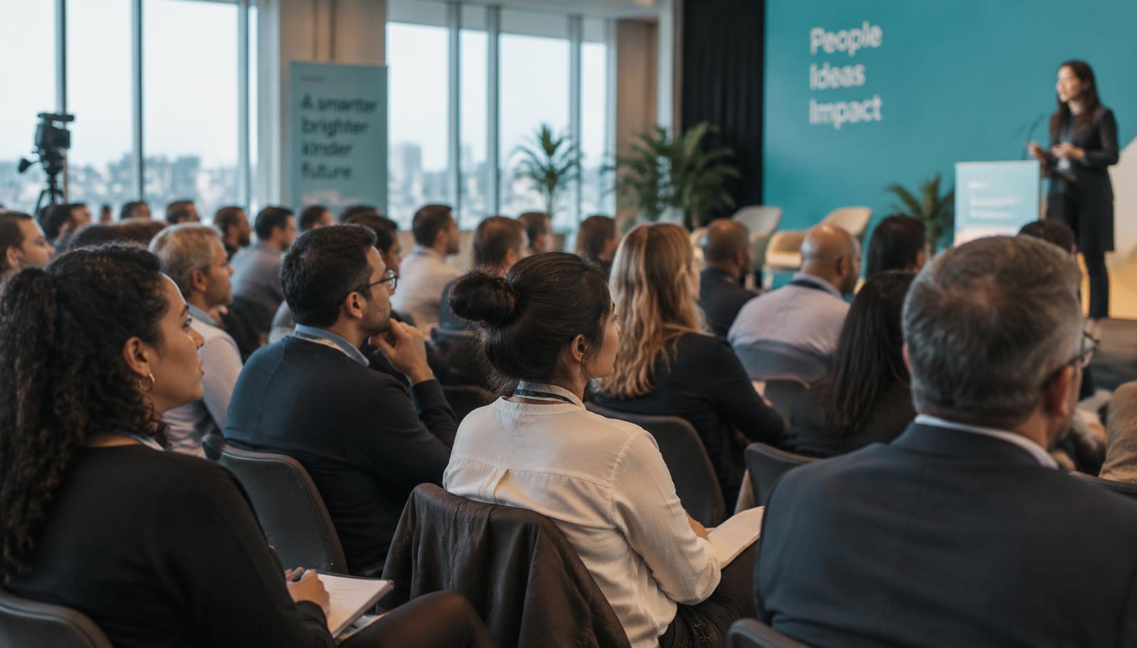 A diverse audience of leaders seated in a modern conference room, listening attentively
