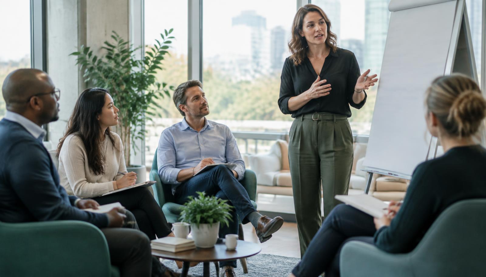 A facilitator leading a leadership workshop with a small group of executives around a flip chart