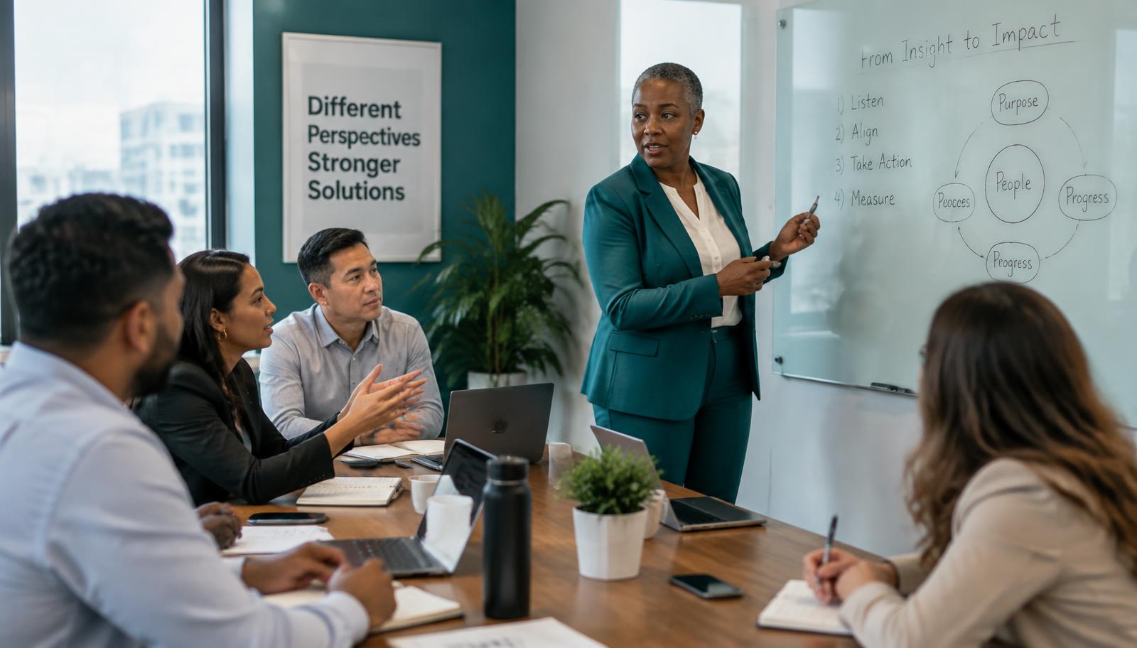 A diverse leadership team meeting in a modern conference room, discussing decisions around a whiteboard