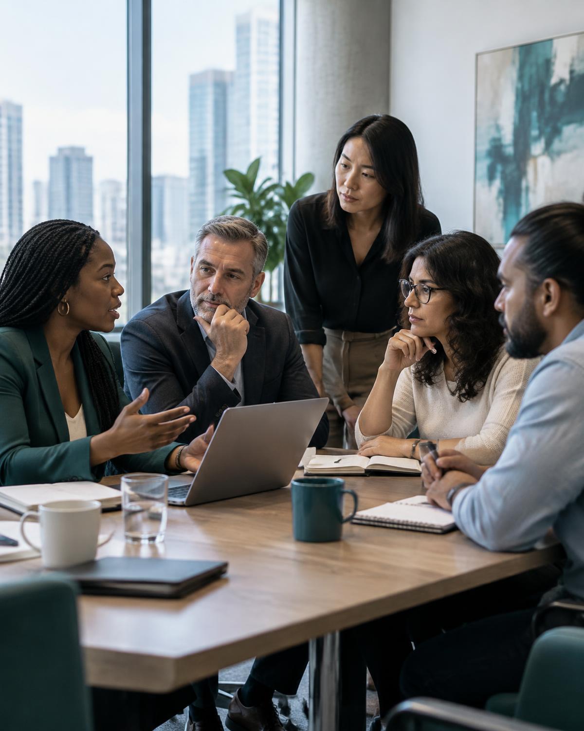 A diverse team of women and men leaders discussing a decision together in a modern conference room