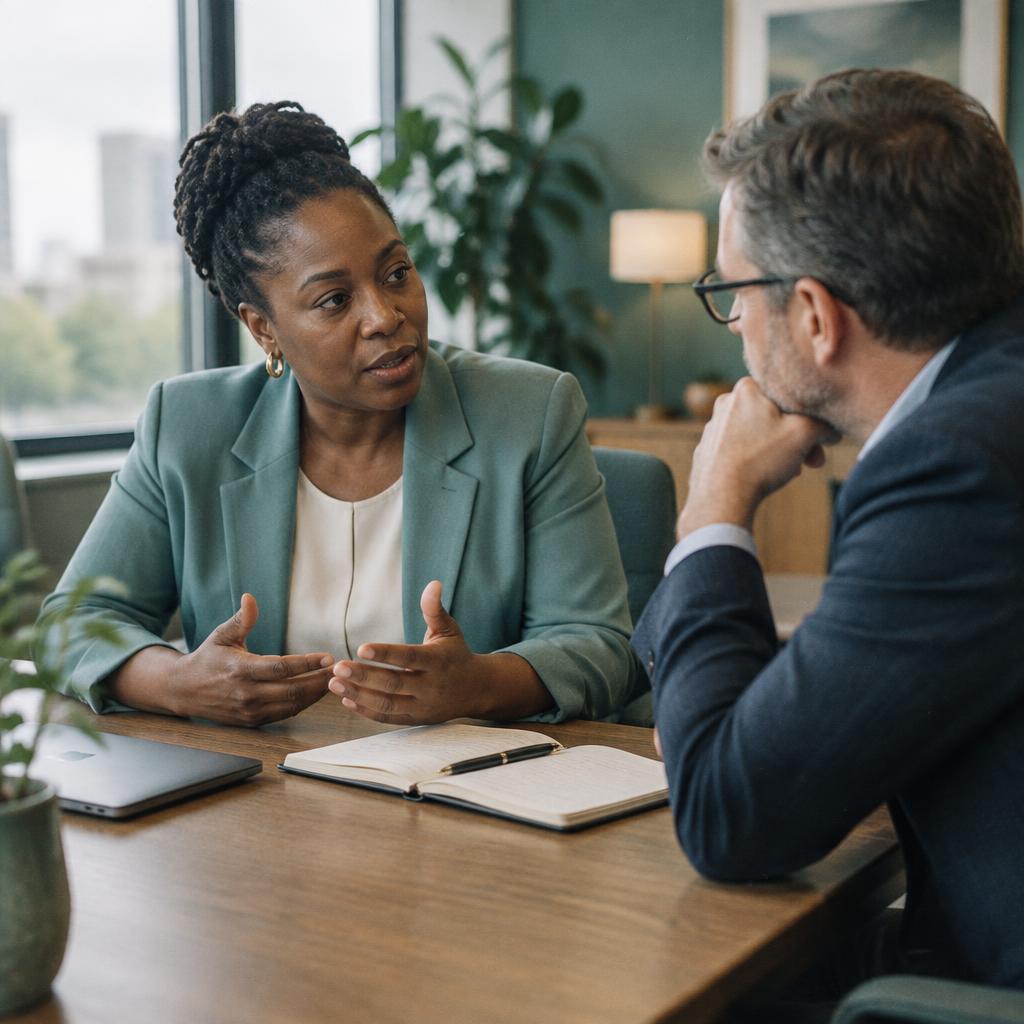 Two senior leaders in a candid one-on-one conversation over notebooks, working out which decisions matter