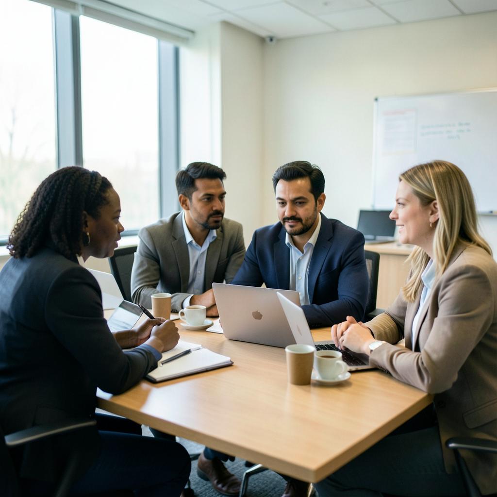 A diverse group of leaders in a candid working discussion around a conference table