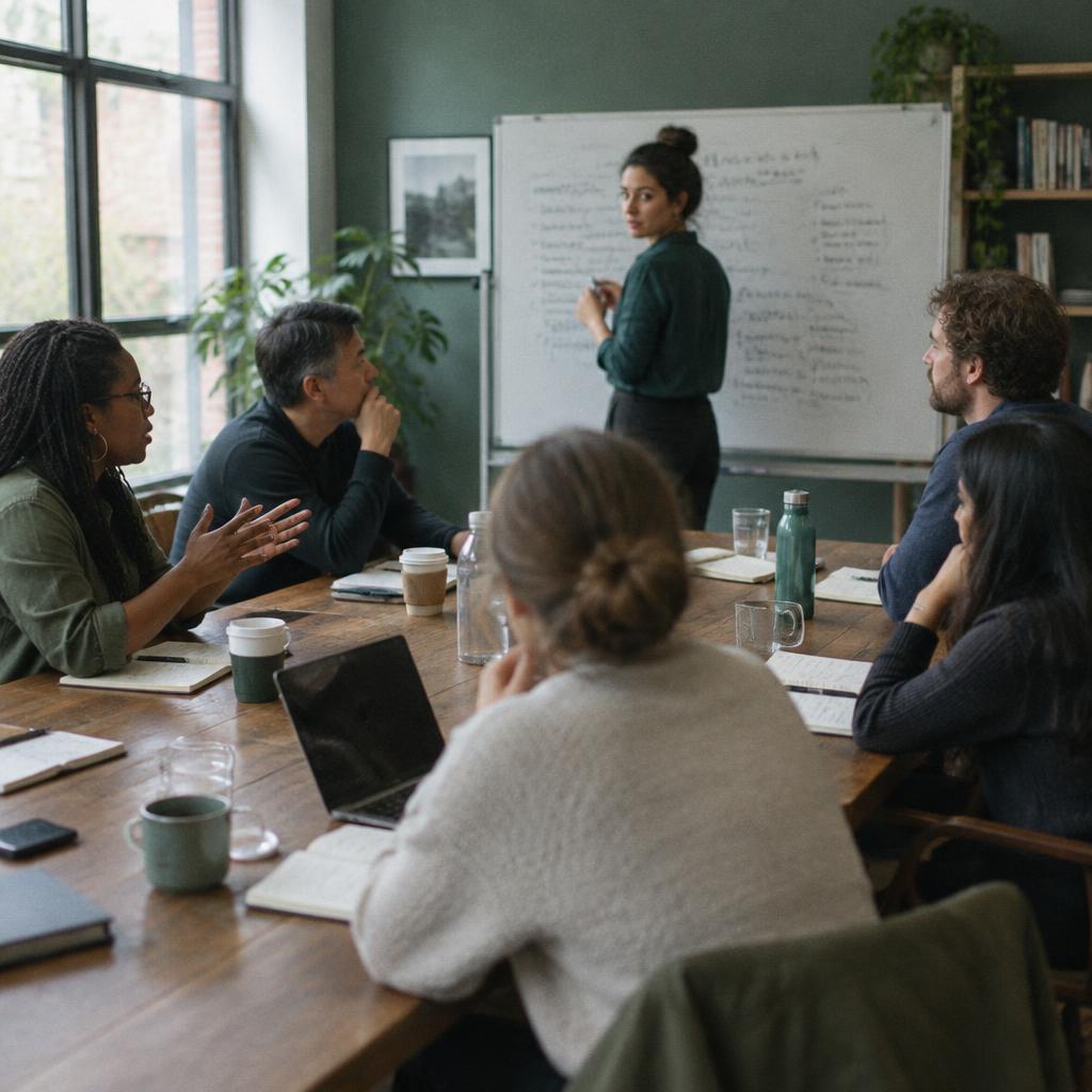 A diverse group of leaders in a working session, one standing at a whiteboard while another makes a point